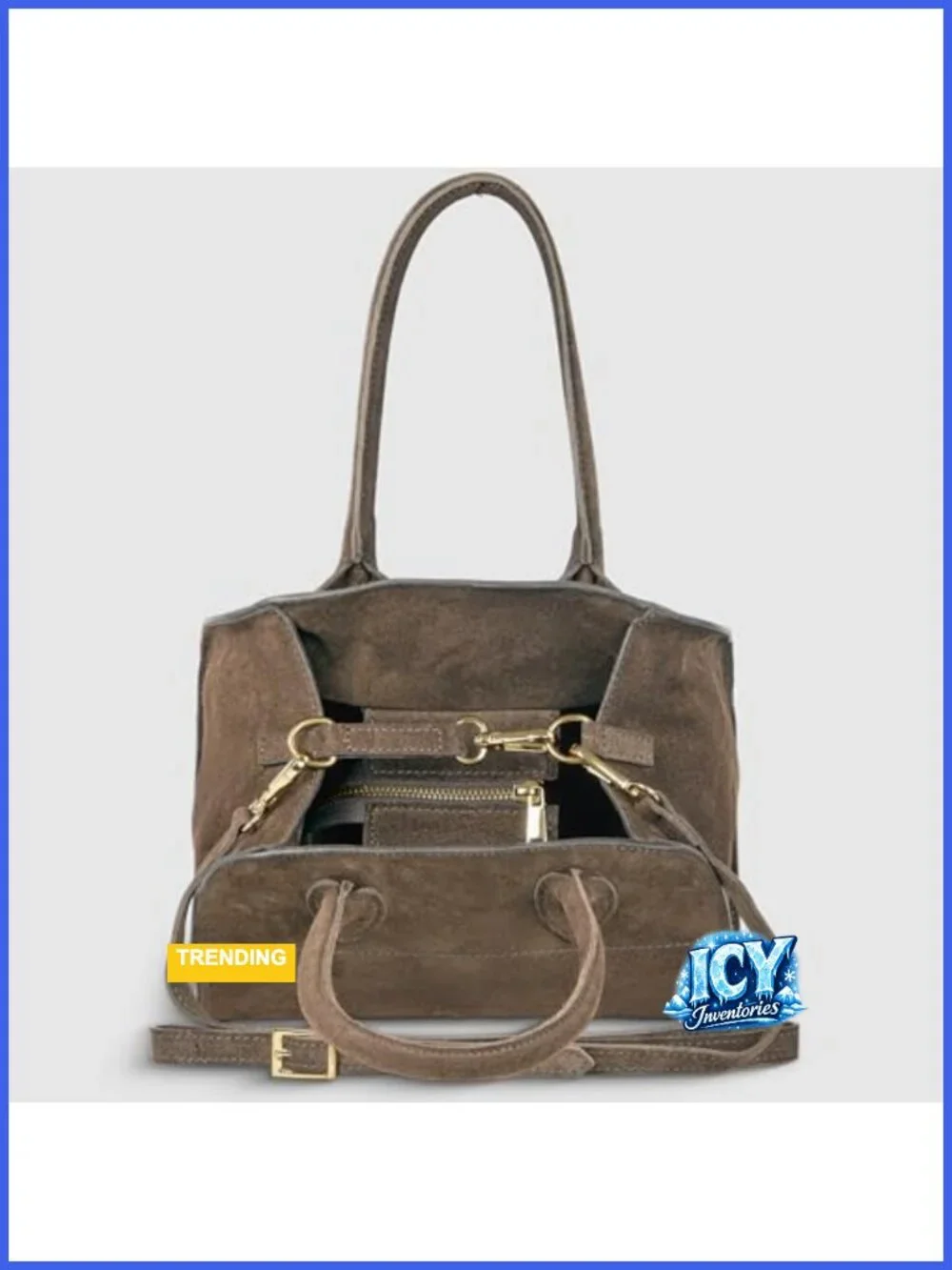 Genuine Suede Top-Handle Satchel Handbag with Detachable Strap